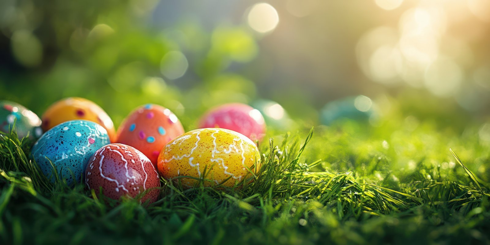 Colorful Easter eggs hidden in vibrant green grass during a sunny spring afternoon celebration